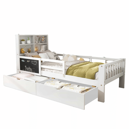 Cama infantil 90x200 - multifuncional com gavetas e quadro - branca
