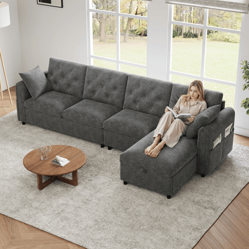 Chaise longue 4 lugares fixa reversÃvel de veludo com armazenamento,cinza Chaise longue 4 lugares fixa reversÃvel de veludo com armazenamento,cinza