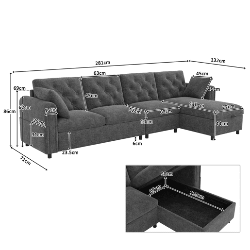 Chaise longue 4 lugares fixa reversÃvel de veludo com armazenamento,cinza Chaise longue 4 lugares fixa reversÃvel de veludo com armazenamento,cinza