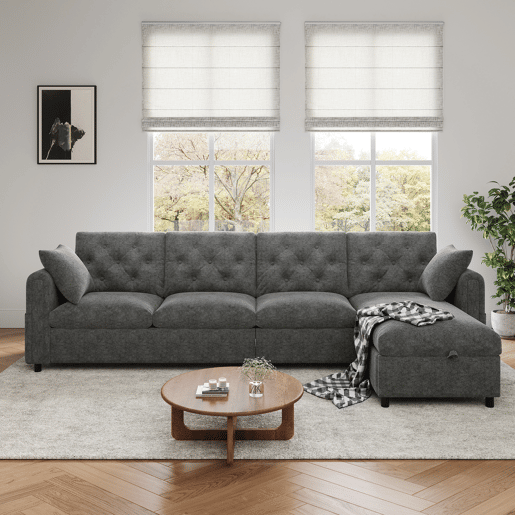Chaise longue 4 lugares fixa reversÃvel de veludo com armazenamento,cinza Chaise longue 4 lugares fixa reversÃvel de veludo com armazenamento,cinza