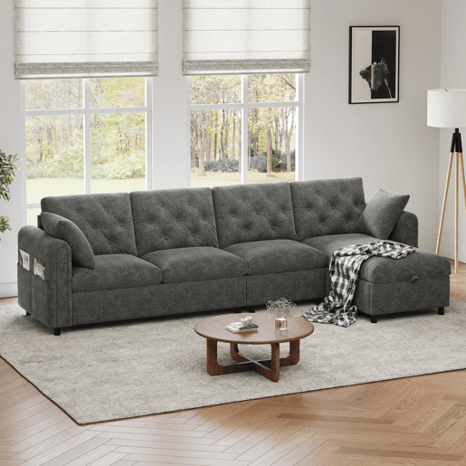 Chaise longue 4 lugares fixa reversÃvel de veludo com armazenamento,cinza Chaise longue 4 lugares fixa reversÃvel de veludo com armazenamento,cinza