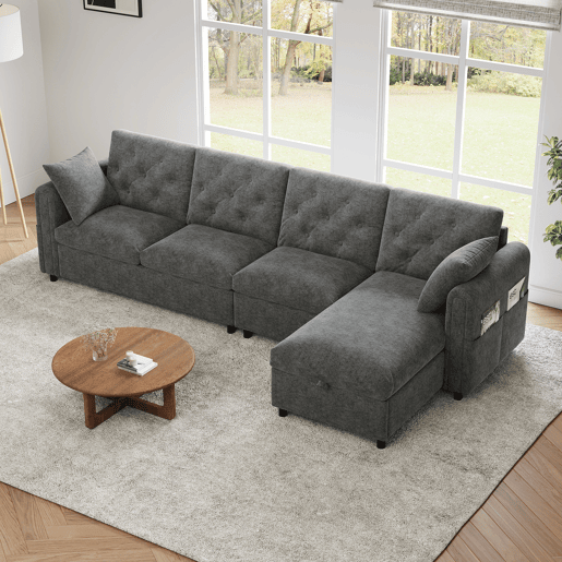 Chaise longue 4 lugares fixa reversÃvel de veludo com armazenamento,cinza Chaise longue 4 lugares fixa reversÃvel de veludo com armazenamento,cinza