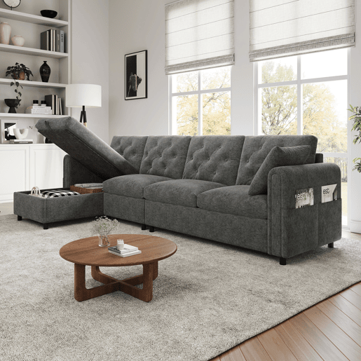 Chaise longue 4 lugares fixa reversÃvel de veludo com armazenamento,cinza Chaise longue 4 lugares fixa reversÃvel de veludo com armazenamento,cinza
