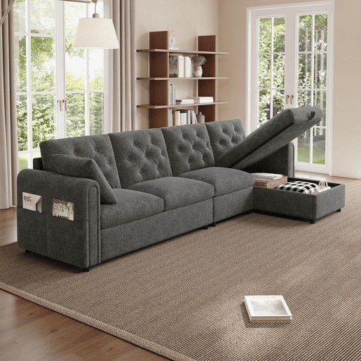 Chaise longue 4 lugares fixa reversÃvel de veludo com armazenamento,cinza Chaise longue 4 lugares fixa reversÃvel de veludo com armazenamento,cinza