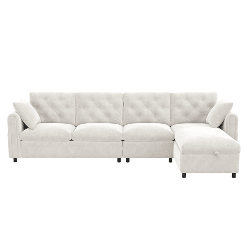 Chaise longue 4 lugares fixa reversÃvel de veludo com armazenamento,bege Chaise longue 4 lugares fixa reversÃvel de veludo com armazenamento,bege