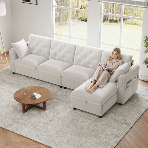 Chaise longue 4 lugares fixa reversÃvel de veludo com armazenamento,bege Chaise longue 4 lugares fixa reversÃvel de veludo com armazenamento,bege