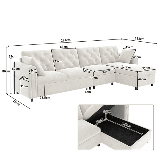 Chaise longue 4 lugares fixa reversÃvel de veludo com armazenamento,bege Chaise longue 4 lugares fixa reversÃvel de veludo com armazenamento,bege