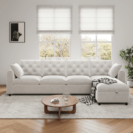 Chaise longue 4 lugares fixa reversÃvel de veludo com armazenamento,bege Chaise longue 4 lugares fixa reversÃvel de veludo com armazenamento,bege