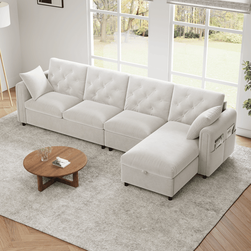 Chaise longue 4 lugares fixa reversÃvel de veludo com armazenamento,bege Chaise longue 4 lugares fixa reversÃvel de veludo com armazenamento,bege