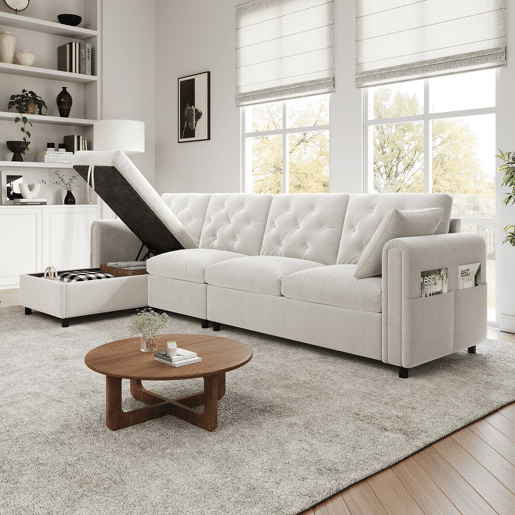 Chaise longue 4 lugares fixa reversÃvel de veludo com armazenamento,bege Chaise longue 4 lugares fixa reversÃvel de veludo com armazenamento,bege