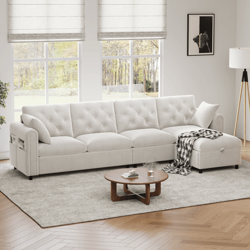 Chaise longue 4 lugares fixa reversÃvel de veludo com armazenamento,bege Chaise longue 4 lugares fixa reversÃvel de veludo com armazenamento,bege