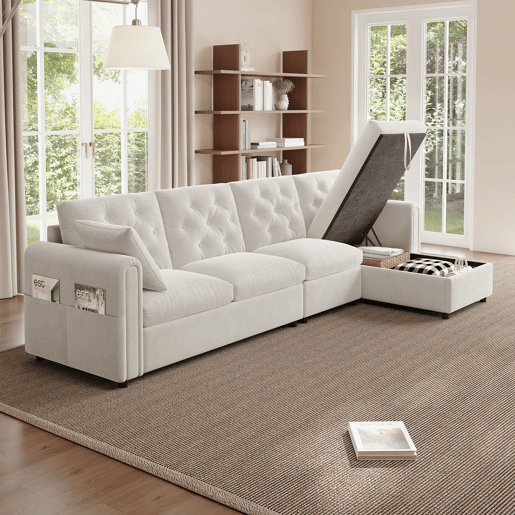 Chaise longue 4 lugares fixa reversÃvel de veludo com armazenamento,bege Chaise longue 4 lugares fixa reversÃvel de veludo com armazenamento,bege