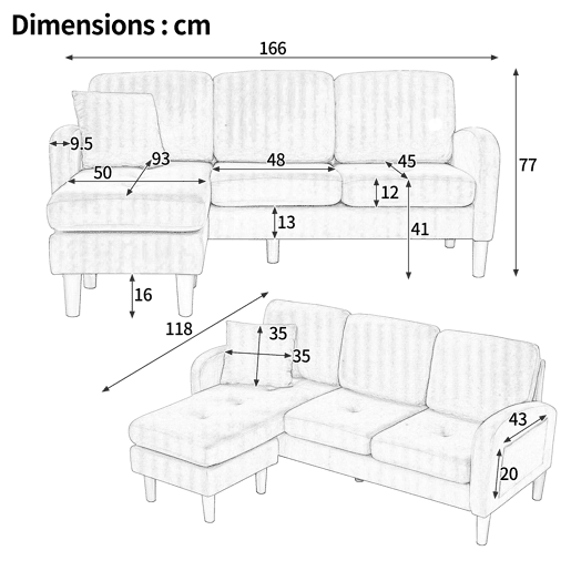 Chaise longue 3 lugares fixa reversÃvel de tecido,bege Chaise longue 3 lugares fixa reversÃvel de tecido,bege