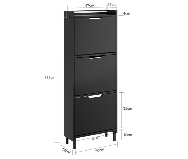 Sobuy | armario zapatero gris oscuro con 3 puertas abatibles | estante para zapatos de mdf y aglomerado | mueble zapatero con ganchos para llaves | 50×19×131 cm | capacidad de carga 25 kg | fsr151-h-e-sch