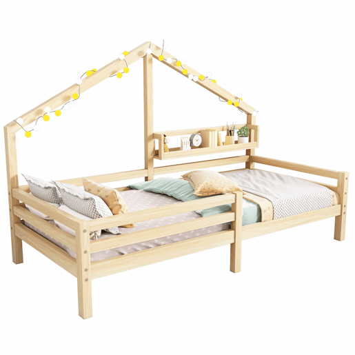 Cabine-cama 90x200cm em madeira maciça - com prateleiras - Natural