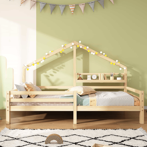 Cabine-cama 90x200cm em madeira maciça - com prateleiras - Natural