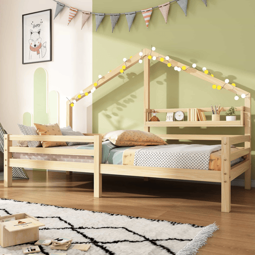 Cabine-cama 90x200cm em madeira maciça - com prateleiras - Natural