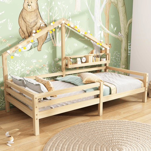 Cabine-cama 90x200cm em madeira maciça - com prateleiras - Natural