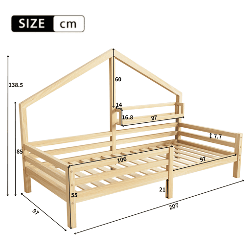 Cabine-cama 90x200cm em madeira maciça - com prateleiras - Natural