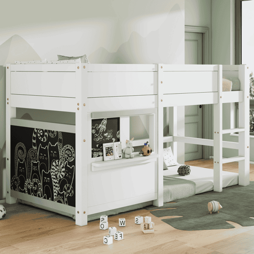 Cama alta 90x200cm - com 2 painéis de graffiti - Branco Cama alta 90x200cm - com 2 painéis de graffiti - Branco