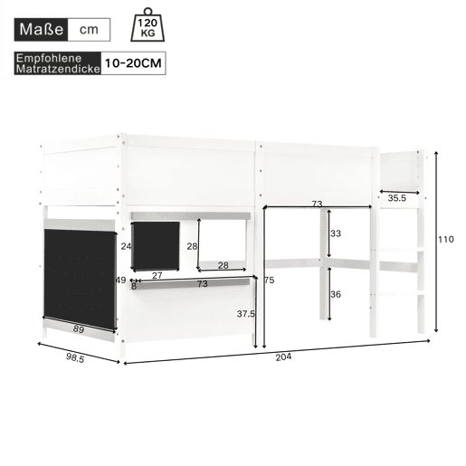 Cama alta 90x200cm - com 2 painéis de graffiti - Branco Cama alta 90x200cm - com 2 painéis de graffiti - Branco