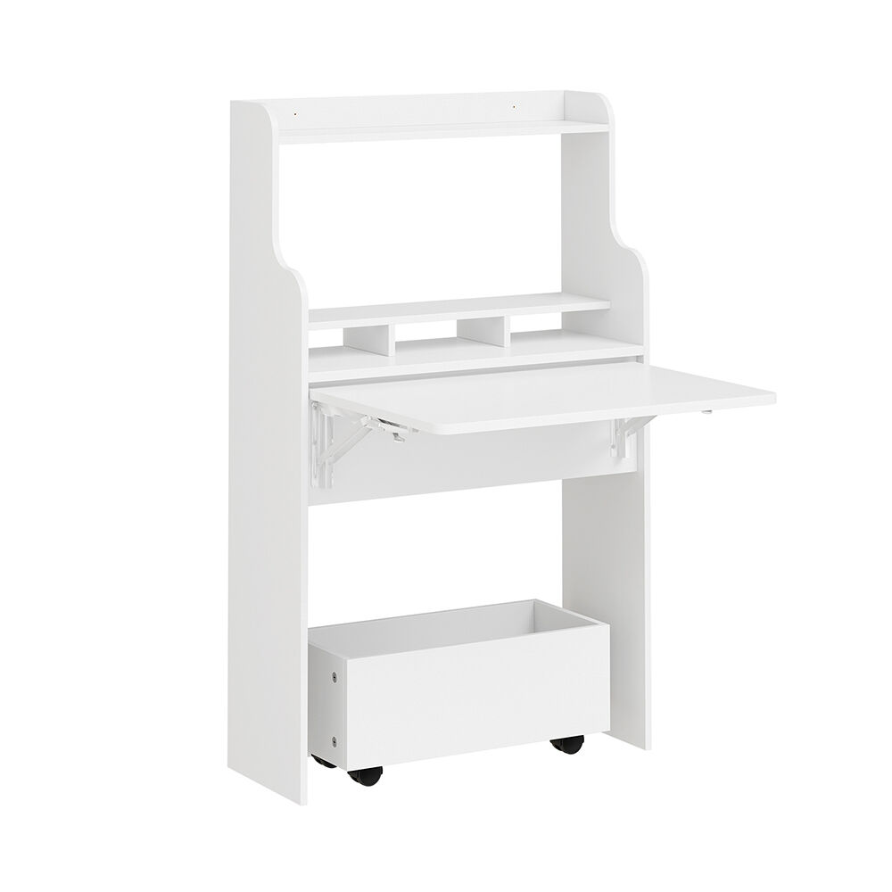 Sobuy | mesa plegable de pared blanca | carrito auxiliar con ruedas y cajón | estante móvil de melamina | 61×25×100 cm | fwt105-ii-w
