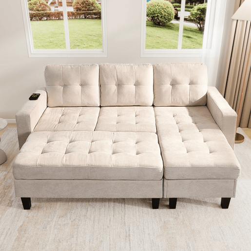 Sofá modular 3 lugares fixa panorâmico de tecido,bege