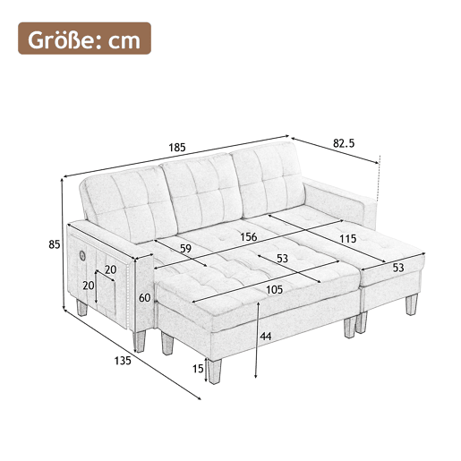 Sofá modular 3 lugares fixa panorâmico de tecido,bege