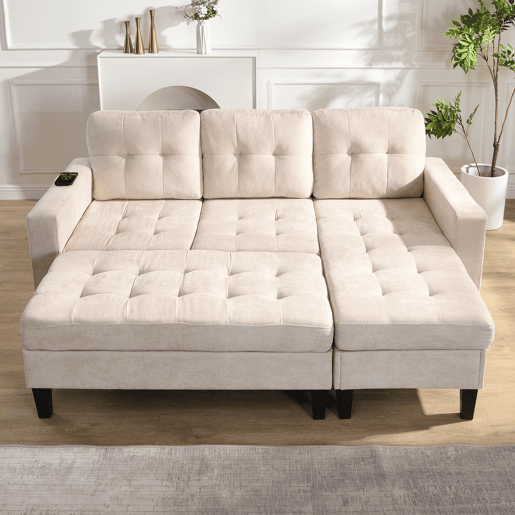 Sofá modular 3 lugares fixa panorâmico de tecido,bege