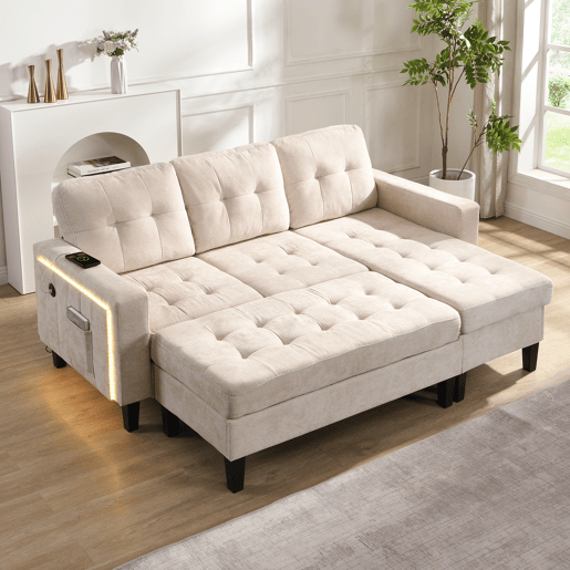 Sofá modular 3 lugares fixa panorâmico de tecido,bege