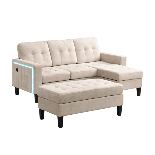 Sofá modular 3 lugares fixa panorâmico de tecido,bege