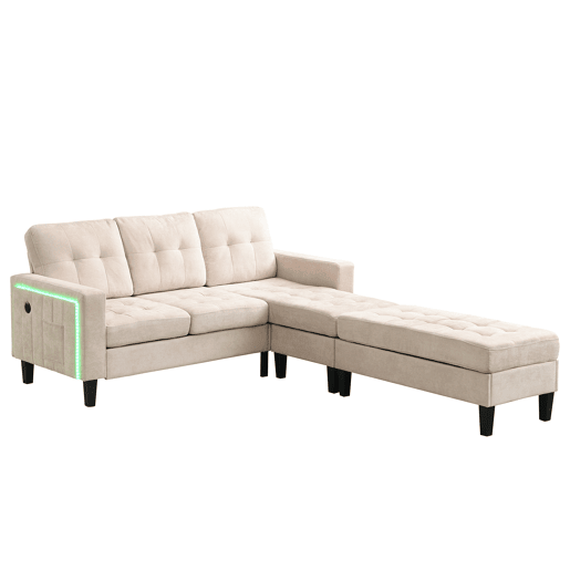Sofá modular 3 lugares fixa panorâmico de tecido,bege