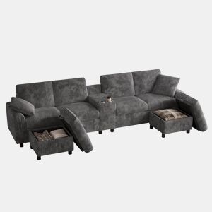 Sofá modular 4 lugares fixa panorâmico de tecido,cinza