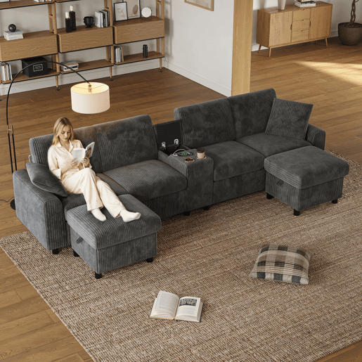 Sofá modular 4 lugares fixa panorâmico de tecido,cinza