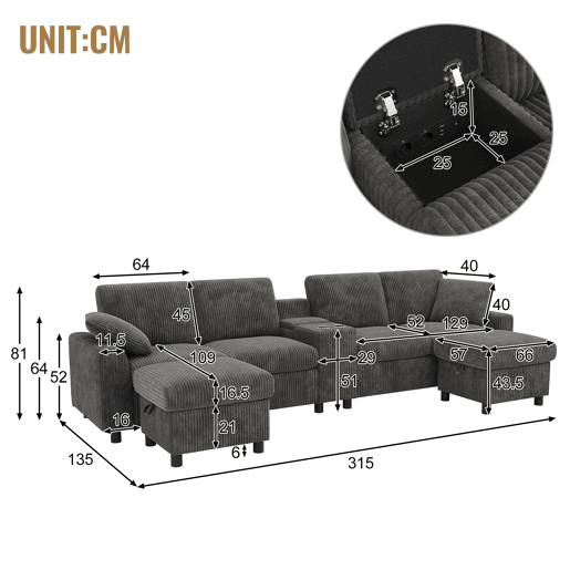 Sofá modular 4 lugares fixa panorâmico de tecido,cinza