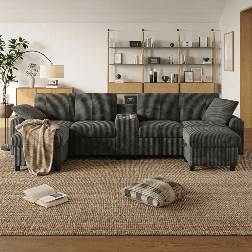 Sofá modular 4 lugares fixa panorâmico de tecido,cinza