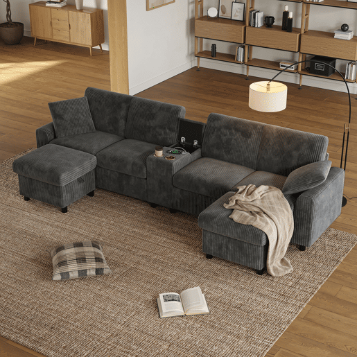 Sofá modular 4 lugares fixa panorâmico de tecido,cinza