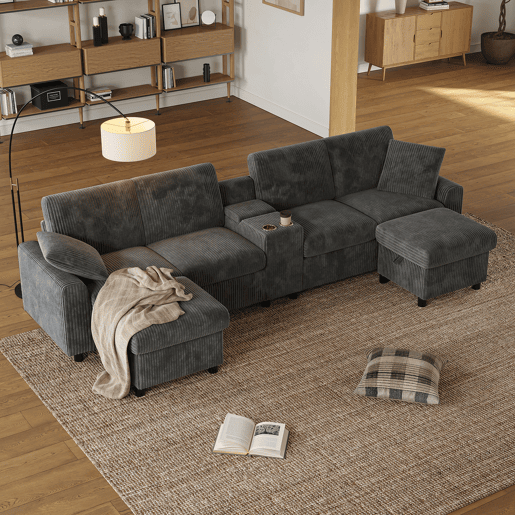Sofá modular 4 lugares fixa panorâmico de tecido,cinza