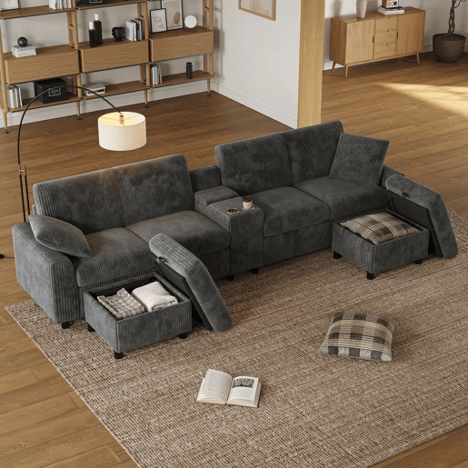 Sofá modular 4 lugares fixa panorâmico de tecido,cinza