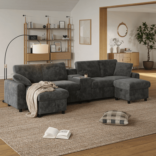 Sofá modular 4 lugares fixa panorâmico de tecido,cinza