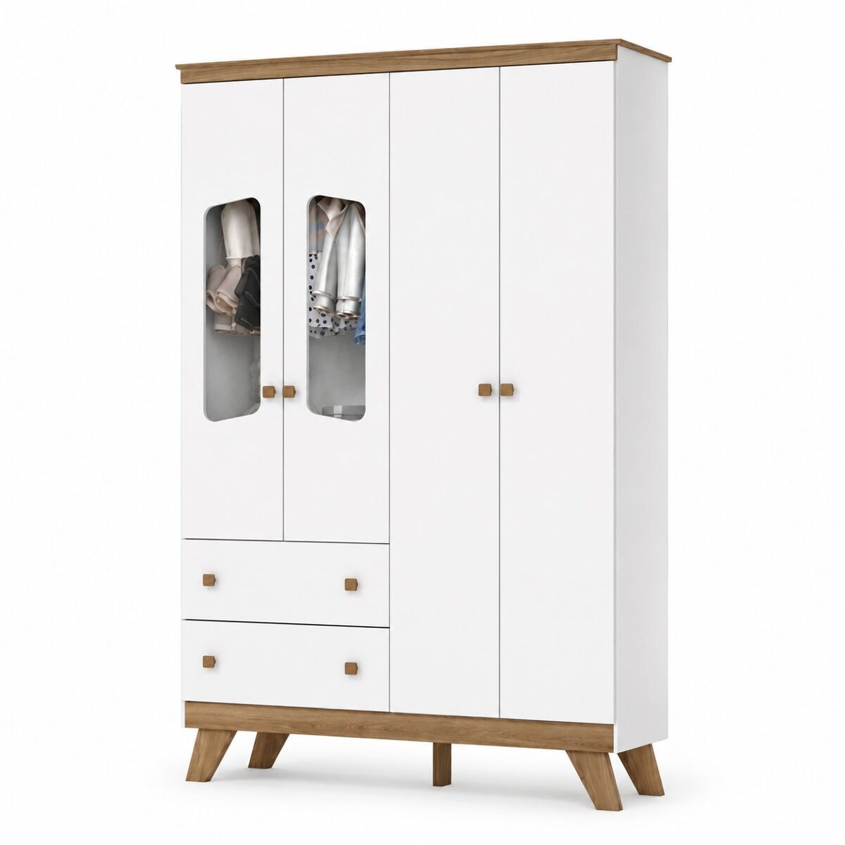 Armario infantil 4 puertas 2 cajones clown, blanco / natural , 131 x 41 x 200 cm, armario infantil dormitorio 4 puertas cristal