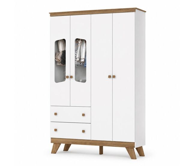 Armario infantil 4 puertas 2 cajones clown, blanco / natural , 131 x 41 x 200 cm, armario infantil dormitorio 4 puertas cristal