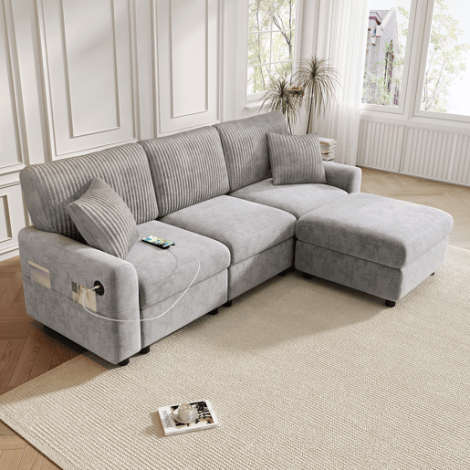 Sofá modular 4 lugares fixa reversível de tecido,cinza