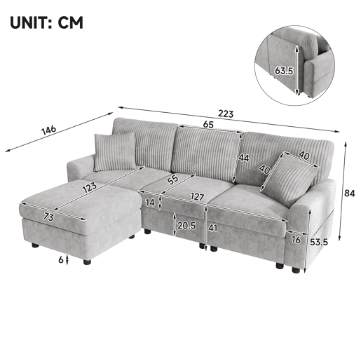 Sofá modular 4 lugares fixa reversível de tecido,cinza