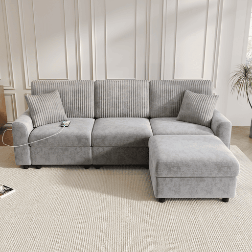 Sofá modular 4 lugares fixa reversível de tecido,cinza