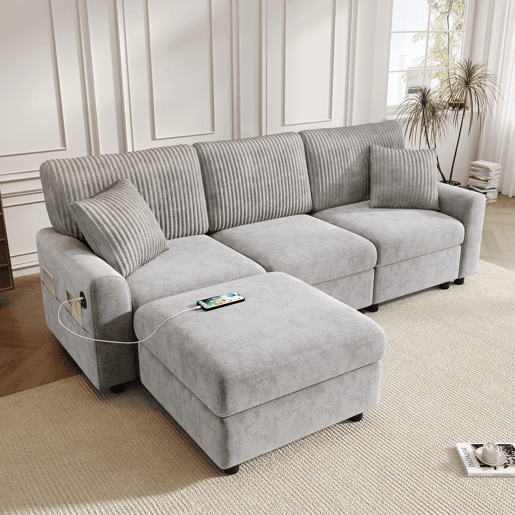 Sofá modular 4 lugares fixa reversível de tecido,cinza