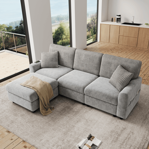 Sofá modular 4 lugares fixa reversível de tecido,cinza