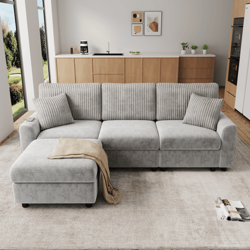 Sofá modular 4 lugares fixa reversível de tecido,cinza