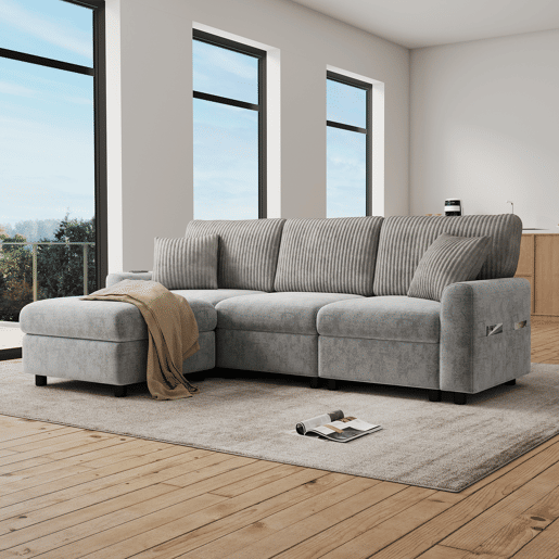 Sofá modular 4 lugares fixa reversível de tecido,cinza
