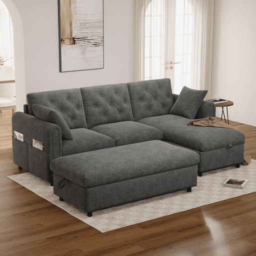 Sofá modular 3 lugares fixa panorâmico de veludo com armazenamento,cinza Sofá modular 3 lugares fixa panorâmico de veludo com armazenamento,cinza